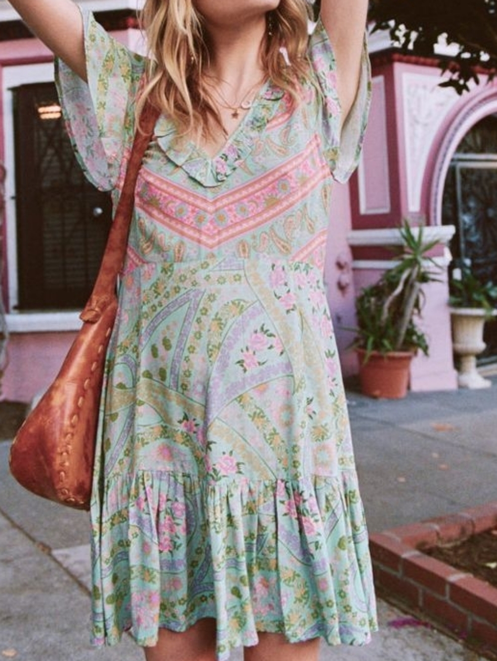 Spell & The Gypsy Collective City Lights Fitted Mini Dress in Sage Colorway Med.
